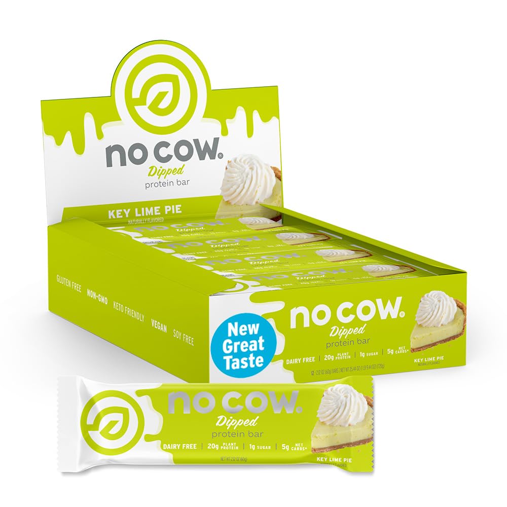 No Cow Key Lime Pie vegan protein bar packaging highlights upgrade for clean energy.