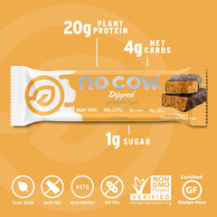No Cow Upgraded Peanut Butter Cup bar close-up reveals chocolatey peanut butter texture