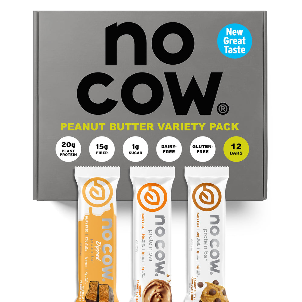 No Cow vegan protein bars upgraded peanut butter variety pack front view for energy.