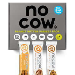 No Cow vegan protein bars upgraded peanut butter variety pack front view for energy.