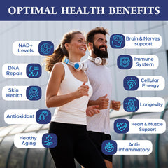 Capsules closeup shows trigonelline capsules, suggesting NAD+ support and ease of daily use.