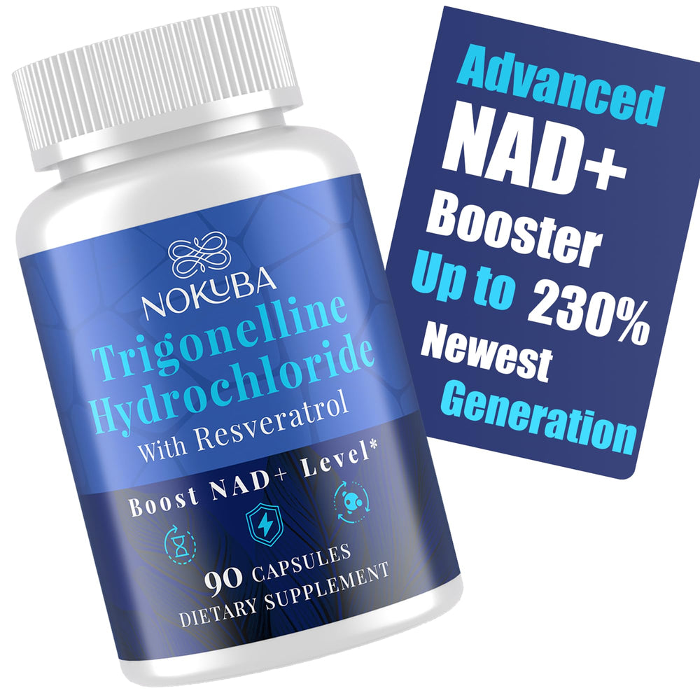 Nokuba NAD supplement bottle highlights trigonelline HCl 500mg for potential energy support.