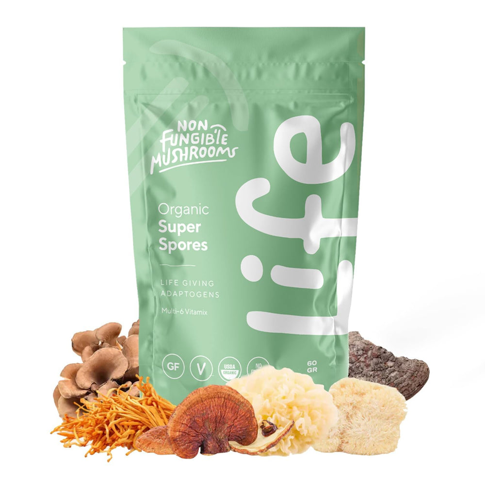 Non Fungible Mushrooms Life Daily powder pouch ready for a simple daily wellness routine.