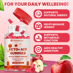 Nonencen gummies bottle with glasses shows easy, tasty ACV for cravings control.