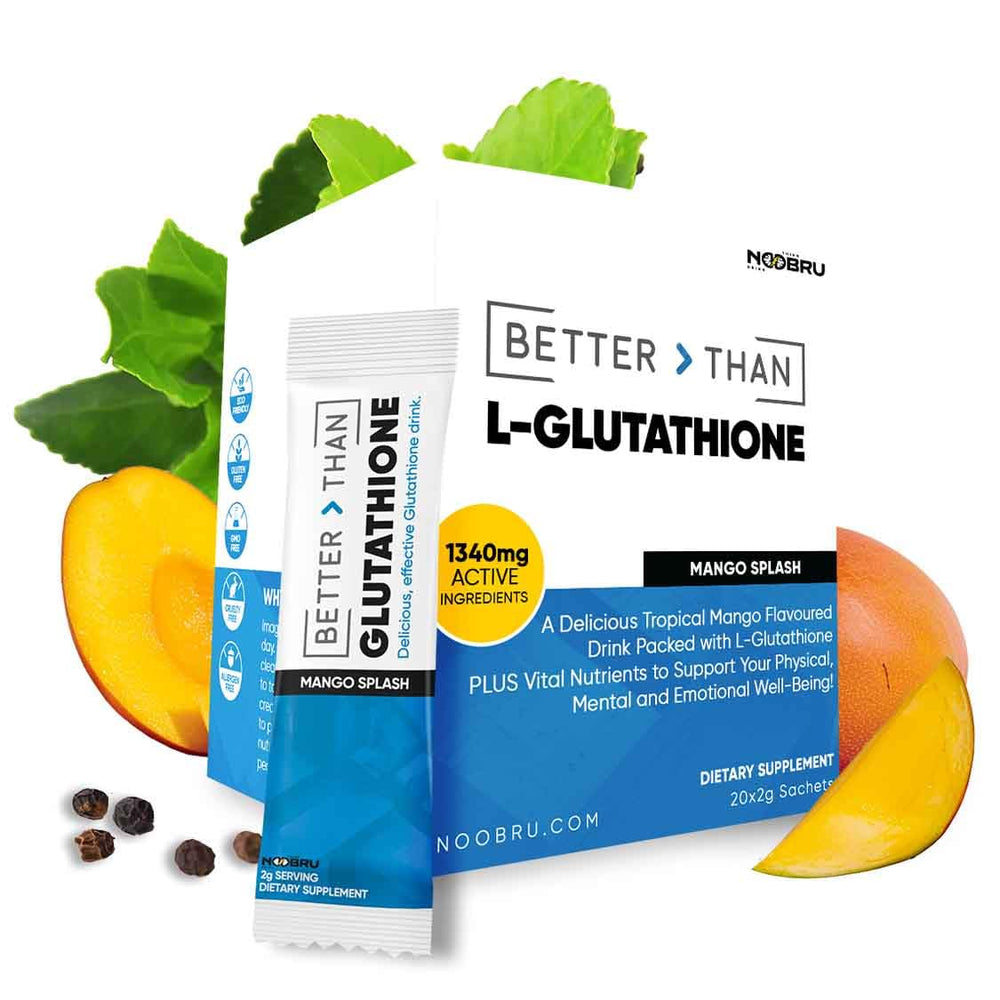Noobru Glutathione bottle pour highlights fast-acting antioxidant support.