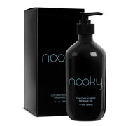 Nooky massage oil bottle with coconut scent offering a smooth glide