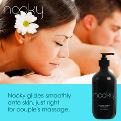 Nooky massage oil bottle demonstrates fast absorption for non-greasy finish