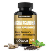 NooMost Ashwagandha 1200mg bottle on shelf for daily balance.