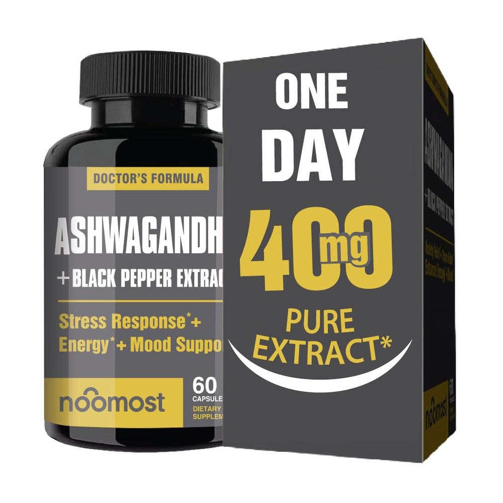 NooMost Ashwagandha root extract bottle close-up for daily balance and stress support.