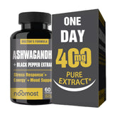 NooMost Ashwagandha root extract bottle close-up for daily balance and stress support.