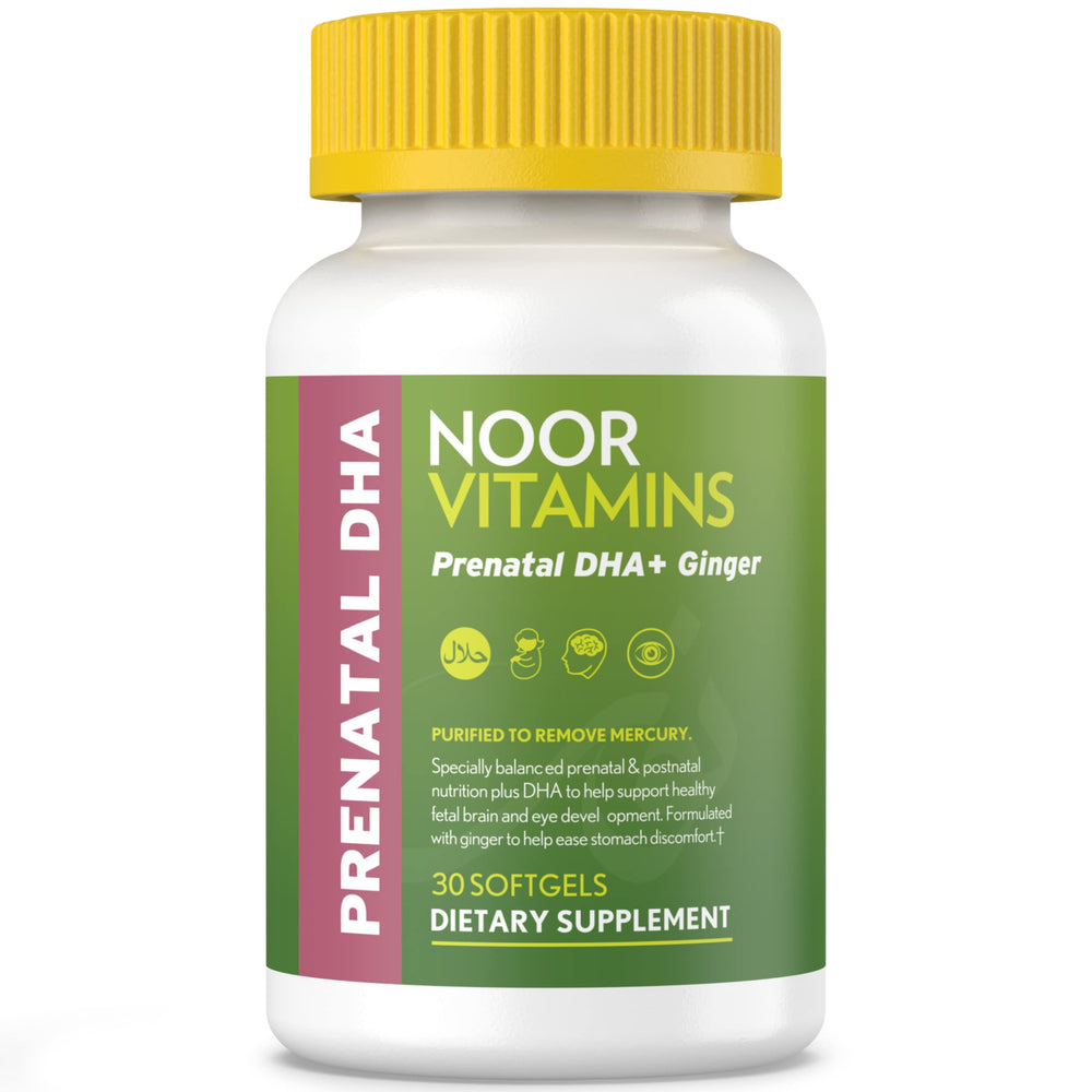 Noor Vitamins prenatal DHA bottle with halal-certified formula supports mom and baby.