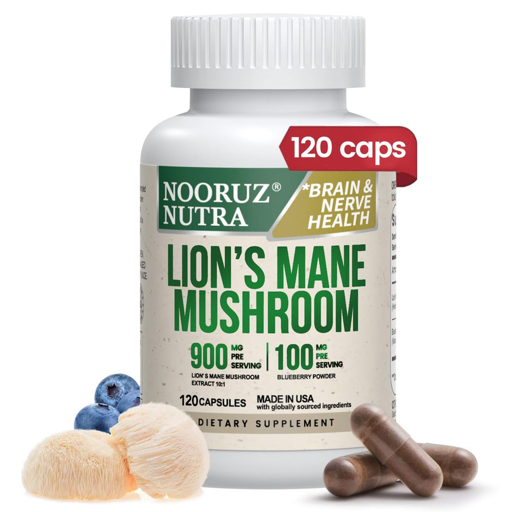 NOORUZ Lions Mane Organic Capsules bottle offering cognitive support.