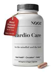 NØØT Cardio Care bottle front showing daily heart support capsules.