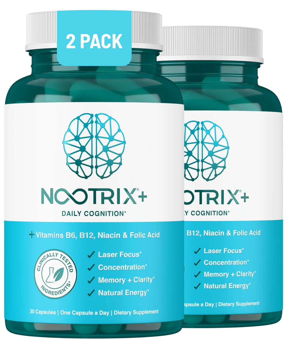 Nootrix Brain Plus bottle close-up showing easy daily capsules for focus and memory.