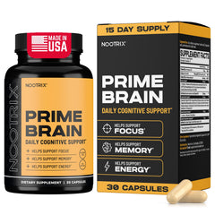 Nootrix Prime Brain bottle close-up supports daily focus and clarity.