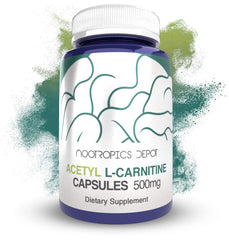 Nootropics Depot Acetyl L-Carnitine 500mg capsules close-up for daily energy support.