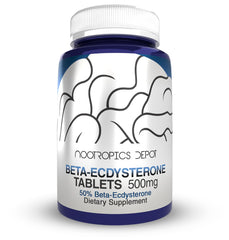 Nootropics Depot Beta Ecdysterone tablets front view highlighting packaging and strength potential
