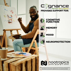 Nootropics Depot Cognance capsules being dispensed, daily routine ready.