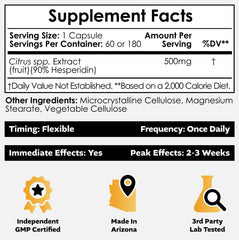 Nootropics Depot hesperidin capsules closeup, showing easy-to-swallow capsules for everyday vitality.