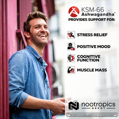 Nootropics Depot KSM-66 Ashwagandha capsules on a desk for study focus.