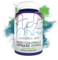 Nootropics Depot NADH + Chlorella bottle with capsules supports energy and focus.