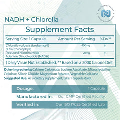 NADH + Chlorella label close-up highlights 400 mg capsules for daily use.