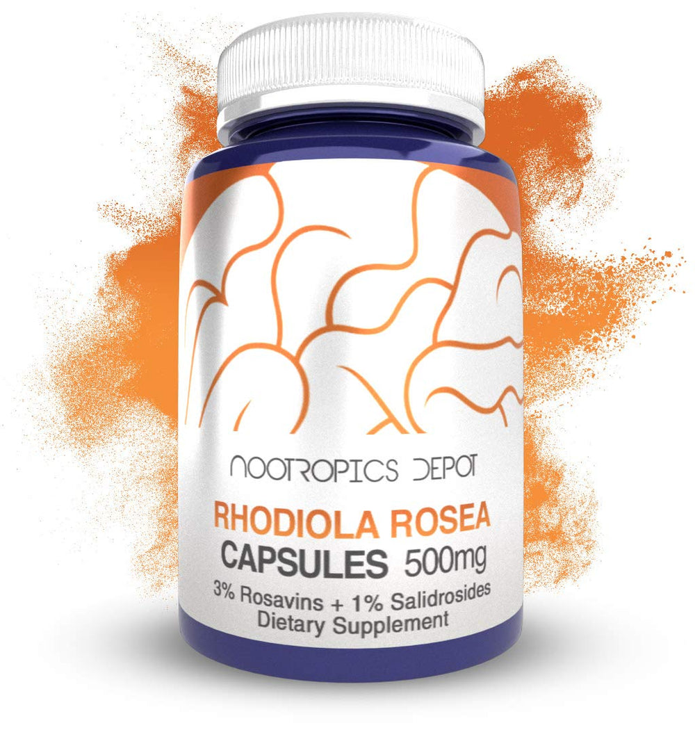 Nootropics Depot Rhodiola Rosea capsules bottle shows 500mg Rosavins for stress support