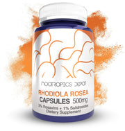 Nootropics Depot Rhodiola Rosea capsules bottle shows 500mg Rosavins for stress support