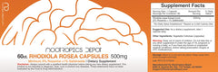 Nootropics Depot Rhodiola Rosea bottle label highlights adaptogen benefits for focus