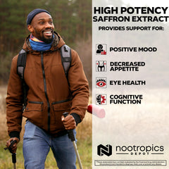 Nootropics Depot saffron capsules close-up emphasizing crocins and safranals.