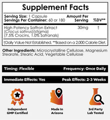 Nootropics Depot saffron capsules label close-up highlighting 30 mg potency and crocins.