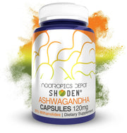 Nootropics Depot Shoden Ashwagandha capsules bottle for daily calm and focus.