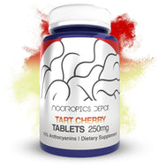 Nootropics Depot tart cherry extract tablets bottle-front highlights 250mg capsules for daily energy support.