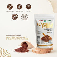 Nopalina Nopa flaxseed powder on spoon above bowl for cereals.