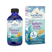 Nordic Naturals Baby's DHA bottle on counter highlighting unflavored omega-3 for babies.