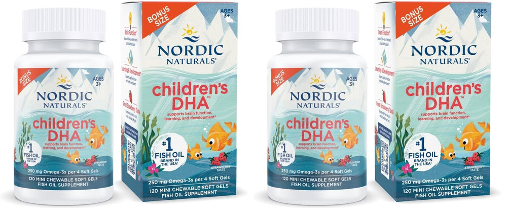 Nordic Naturals Children's DHA Strawberry bottle front showing kid-friendly omega-3 packaging for daily use.