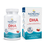 Nordic Naturals DHA Strawberry bottle front shows strawberry flavored omega-3 for daily support