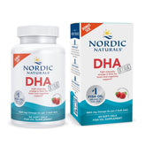Nordic Naturals DHA Xtra strawberry soft gels bottle on kitchen counter for memory and focus