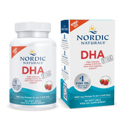 Nordic Naturals DHA Xtra strawberry soft gels bottle on kitchen counter for memory and focus