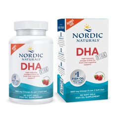 Nordic Naturals DHA Xtra strawberry soft gels bottle on kitchen counter for memory and focus