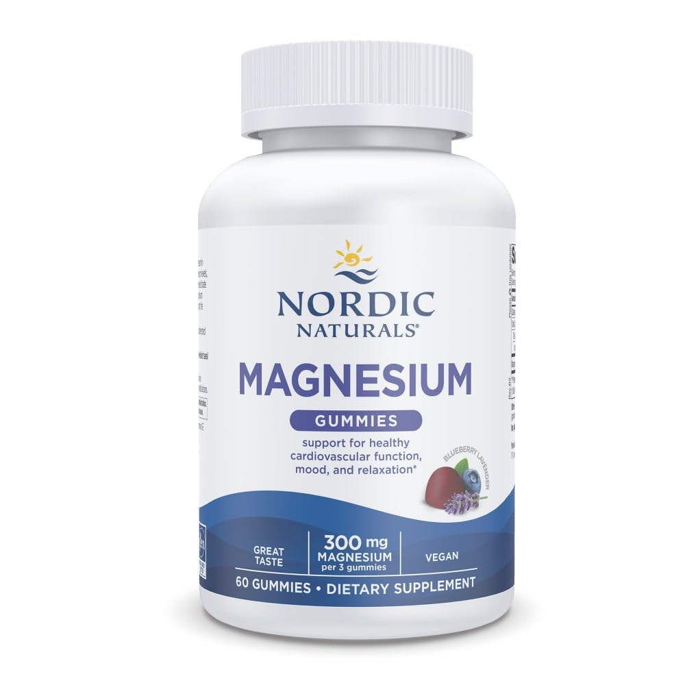 Nordic Naturals Magnesium Gummies bottle shows blueberry lavender flavor for daily mood support