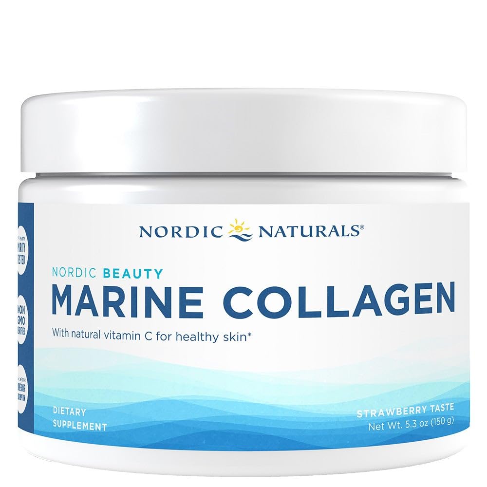 Nordic Naturals Nordic Beauty marine collagen powder strawberry bottle for everyday skin and joints.