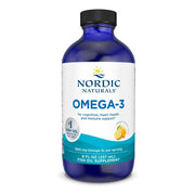 Nordic Naturals Omega-3 lemon bottle on counter supports daily heart and brain wellness.