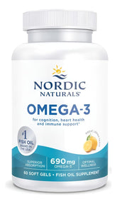 Nordic Naturals Omega-3 lemon bottle with bright label promotes daily heart and brain support.