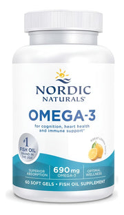 Nordic Naturals Omega-3 lemon bottle with bright label promotes daily heart and brain support.