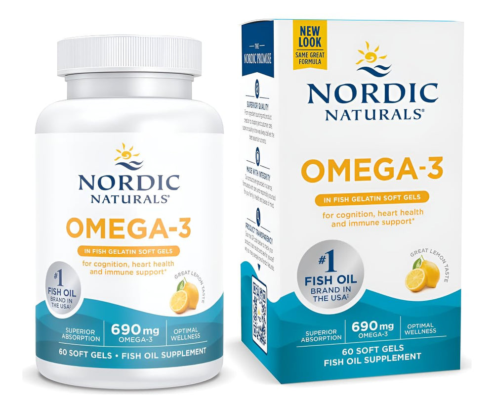 Nordic Naturals Omega-3 lemon softgels bottle front for daily heart and brain support.