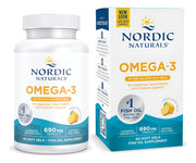 Nordic Naturals Omega-3 lemon softgels bottle front for daily heart and brain support.