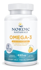 Nordic Naturals Omega-3 open bottle pouring softgels for easy daily dosing.