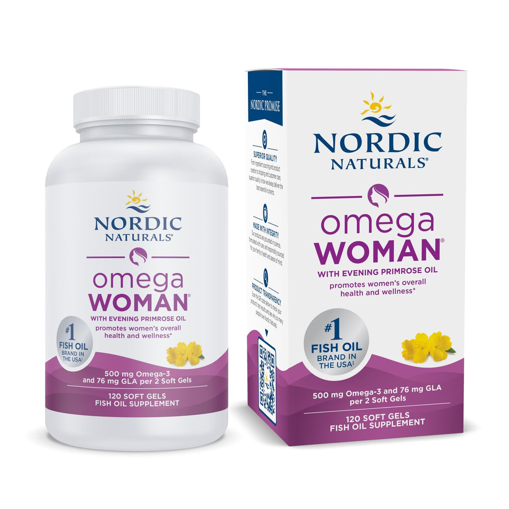 Nordic Naturals Omega Woman lemon bottle promotes a refreshing omega-3 and evening primrose blend for skin health.