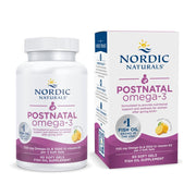 Nordic Naturals Postnatal Omega-3 lemon bottle on a table supports mood and metabolism.